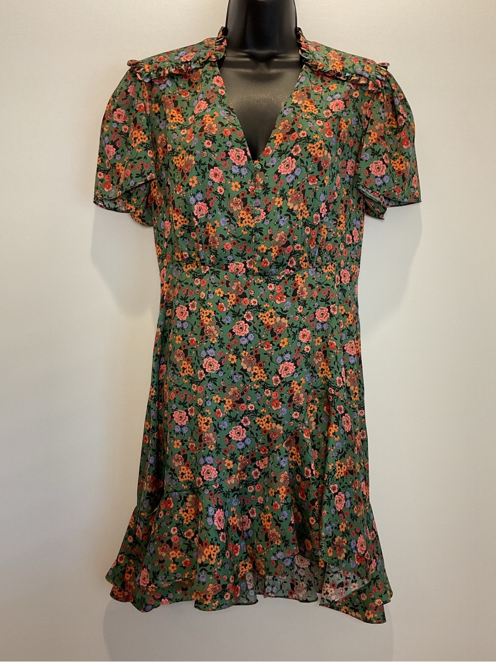 Sandro Marta Green Floral Ruffle Mini Dress NEW - Picture 2 of 10